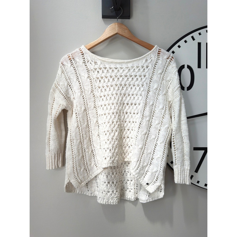 American Eagle Open Knit Crochet Sweater S Cream Boho Pullover Festival Top